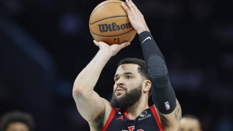 Apr 4, 2023; Charlotte, North Carolina, USA; Toronto Raptors guard Fred VanVleet (23) shoots a free throw after the Charlotte Hornets were assessed a technical during the first half at Spectrum Center. Mandatory Credit: Nell Redmond-USA TODAY Sports