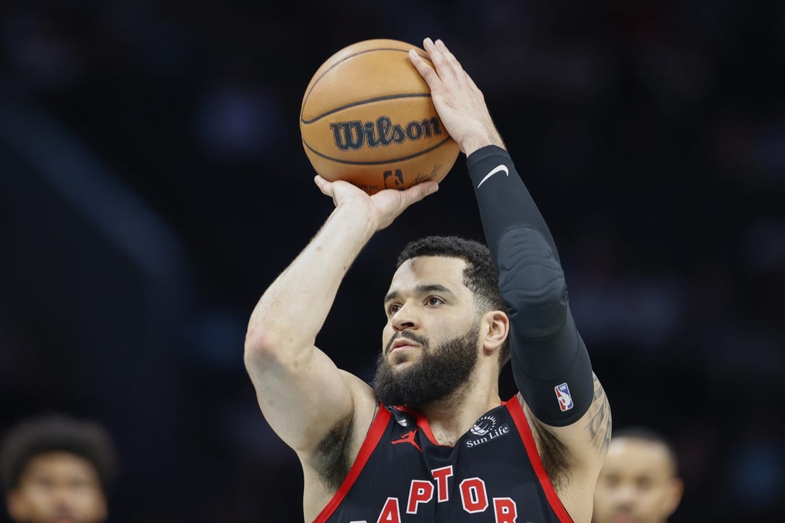 Apr 4, 2023; Charlotte, North Carolina, USA; Toronto Raptors guard Fred VanVleet (23) shoots a free throw after the Charlotte Hornets were assessed a technical during the first half at Spectrum Center. Mandatory Credit: Nell Redmond-USA TODAY Sports