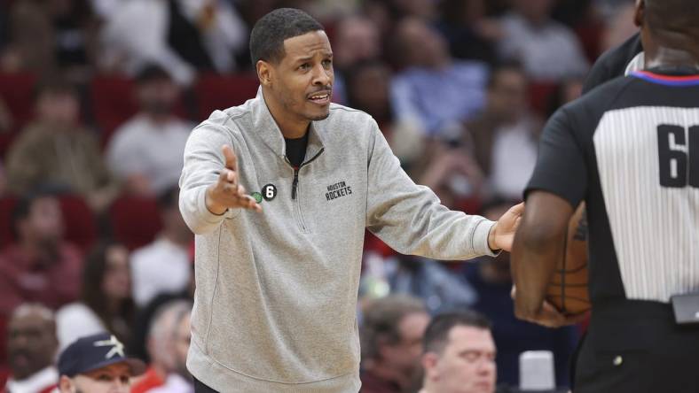 Apr 4, 2023; Houston, Texas, USA; Houston Rockets head coach Stephen Silas reacts with an official during the third quarter against the Denver Nuggets at Toyota Center. Mandatory Credit: Troy Taormina-USA TODAY Sports