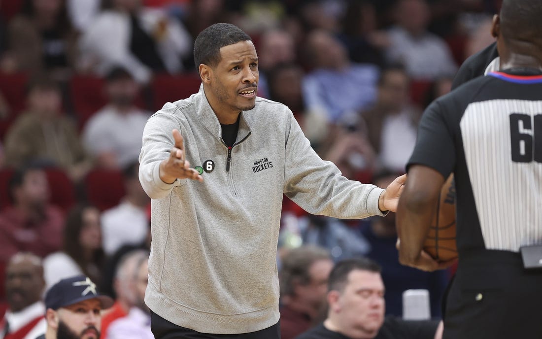Apr 4, 2023; Houston, Texas, USA; Houston Rockets head coach Stephen Silas reacts with an official during the third quarter against the Denver Nuggets at Toyota Center. Mandatory Credit: Troy Taormina-USA TODAY Sports