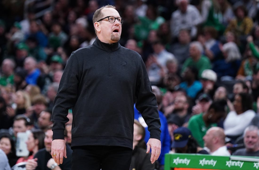 Apr 5, 2023; Boston, Massachusetts, USA; Toronto Raptors head coach Nick Nurse watches from the sideline as they take on the Boston Celtics at TD Garden. Mandatory Credit: David Butler II-USA TODAY Sports