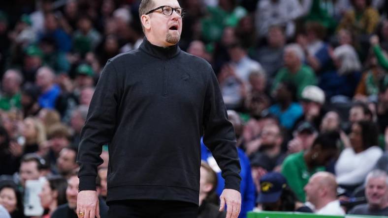 Apr 5, 2023; Boston, Massachusetts, USA; Toronto Raptors head coach Nick Nurse watches from the sideline as they take on the Boston Celtics at TD Garden. Mandatory Credit: David Butler II-USA TODAY Sports