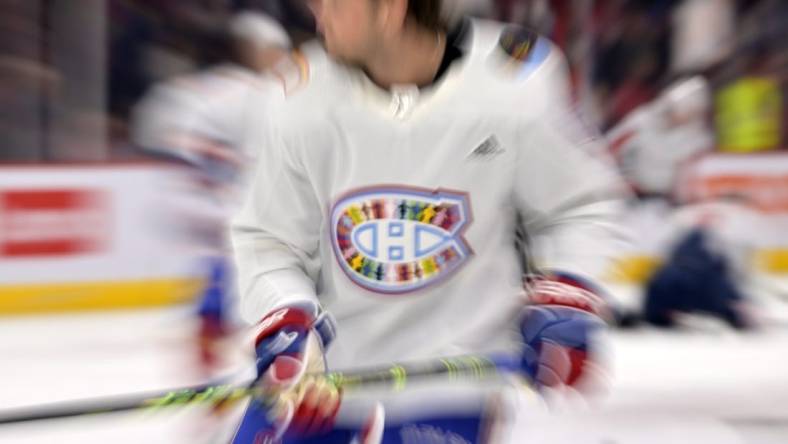 Montreal Canadiens defenseman Chris Wideman (6) skates in a Pride Night jersey during the warmup period before the game against the Washington Capitals at the Bell Centre. Mandatory Credit: Eric Bolte-USA TODAY Sports