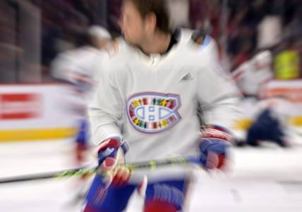 Montreal Canadiens defenseman Chris Wideman (6) skates in a Pride Night jersey during the warmup period before the game against the Washington Capitals at the Bell Centre. Mandatory Credit: Eric Bolte-USA TODAY Sports