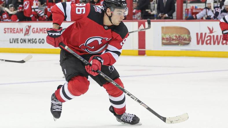 Apr 6, 2023; Newark, New Jersey, USA; New Jersey Devils right wing Timo Meier (96) skates with the puck during the third period against the Columbus Blue Jackets at Prudential Center. Mandatory Credit: Vincent Carchietta-USA TODAY Sports