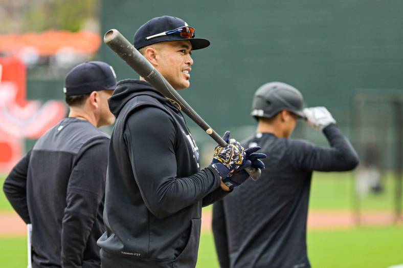 Apr 7, 2023; Baltimore, Maryland, USA;  New York Yankees designated hitter Giancarlo Stanton (27) stands on the field before the game against the Baltimore Orioles at Oriole Park at Camden Yards. Mandatory Credit: Tommy Gilligan-USA TODAY Sports