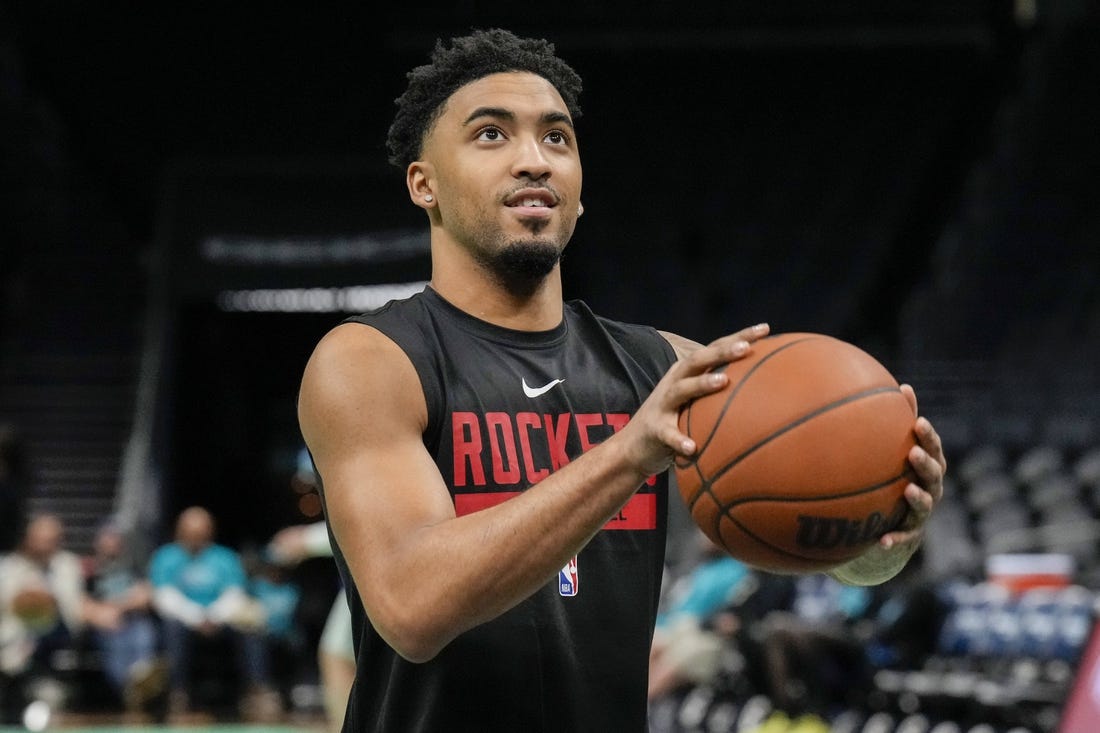 Apr 7, 2023; Charlotte, North Carolina, USA; Houston Rockets forward Kenyon Martin Jr. (6) shoots during pregame warm ups against the Charlotte Hornets at the Spectrum Center. Mandatory Credit: Jim Dedmon-USA TODAY Sports