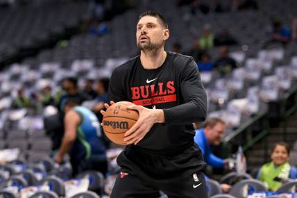 Apr 7, 2023; Dallas, Texas, USA; Chicago Bulls center Nikola Vucevic (9) warms up before the game against the Dallas Mavericks at the American Airlines Center. Mandatory Credit: Jerome Miron-USA TODAY Sports