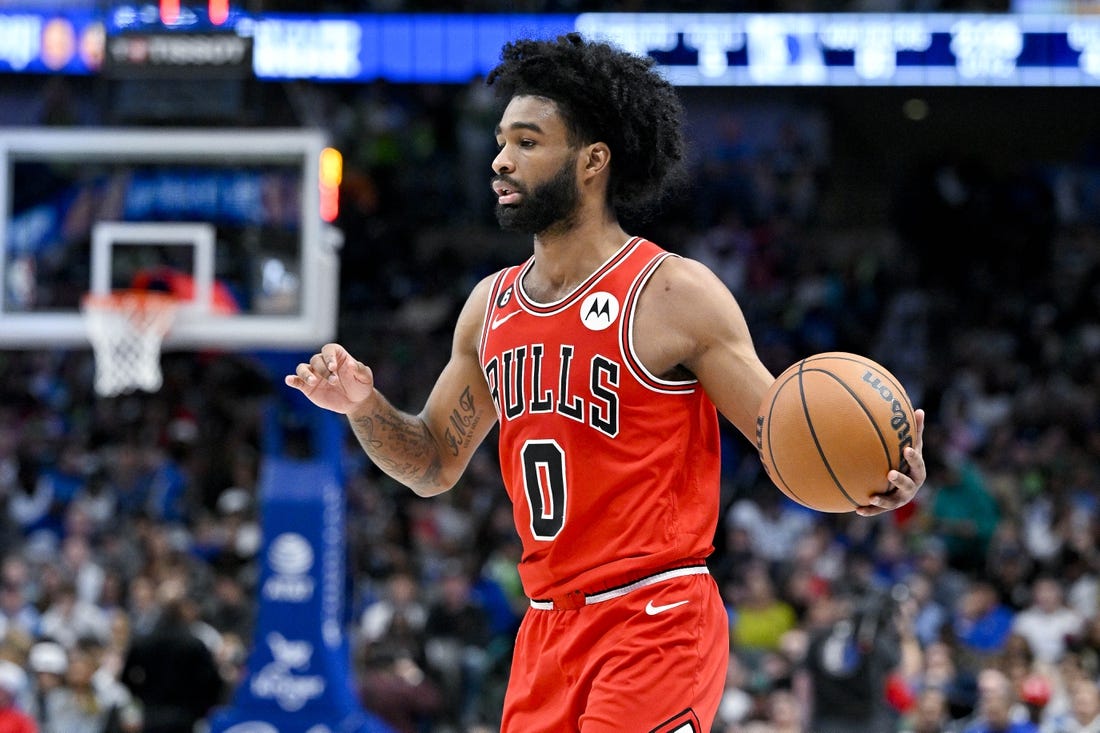 Apr 7, 2023; Dallas, Texas, USA; Chicago Bulls guard Coby White (0) brings the ball up court against the Dallas Mavericks during the first half at the American Airlines Center. Mandatory Credit: Jerome Miron-USA TODAY Sports