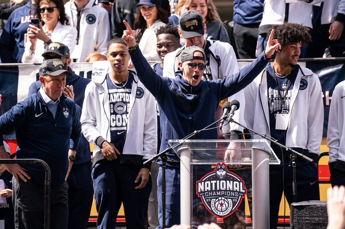 Apr 8, 2023; Hartford, CT, USA; UConn Huskies head coach Dan Hurley reacts to the crowd as he and the team are honored with a parade through downtown Hartford. Mandatory Credit: David Butler II-USA TODAY Sports