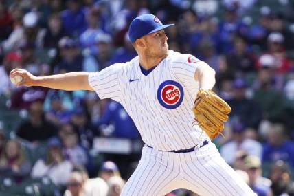 Apr 9, 2023; Chicago, Illinois, USA; Chicago Cubs starting pitcher Jameson Taillon (50) throws the ball against the Texas Rangers during the first inning at Wrigley Field. Mandatory Credit: David Banks-USA TODAY Sports
