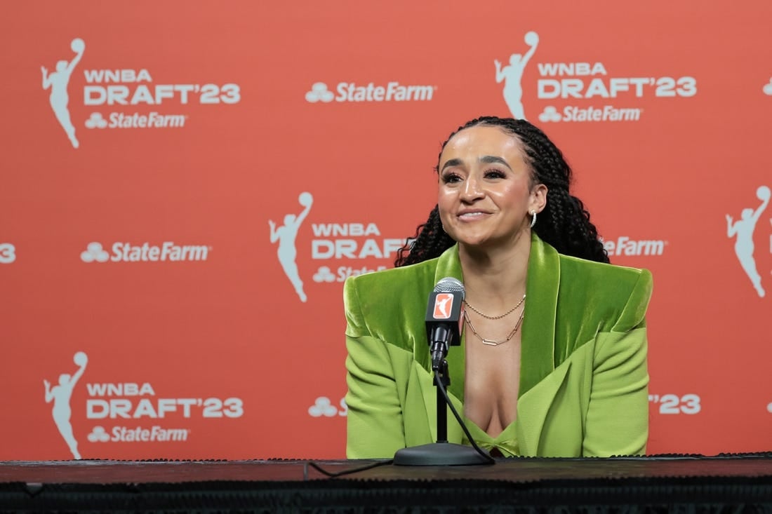 Apr 10, 2023; New York, NY, USA; Haley Jones speaks to the media after being drafted sixth overall by the Atlanta Dream during WNBA Draft 2023 at Spring Studio. Mandatory Credit: Vincent Carchietta-USA TODAY Sports
