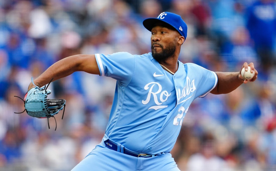 Mar 30, 2023; Kansas City, Missouri, USA; Kansas City Royals relief pitcher Amir Garrett (22) pitches during the sixth inning against the Minnesota Twins at Kauffman Stadium. Mandatory Credit: Jay Biggerstaff-USA TODAY Sports