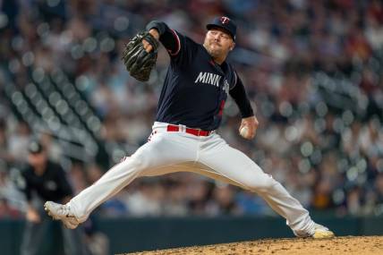 Apr 11, 2023; Minneapolis, Minnesota, USA; Minnesota Twins relief pitcher Caleb Thielbar (56) pitches to the Chicago White Sox in the eighth inning at Target Field. Mandatory Credit: Matt Blewett-USA TODAY Sports