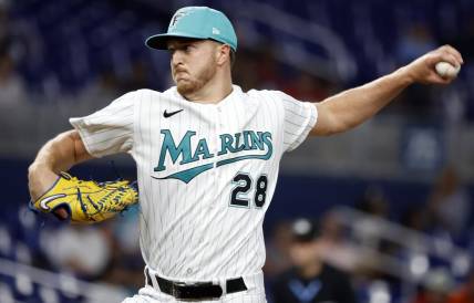 Apr 14, 2023; Miami, Florida, USA; Miami Marlins starting pitcher Trevor Rogers (28)pitches against the Arizona Diamondbacks during the first inning at loanDepot Park. Mandatory Credit: Rhona Wise-USA TODAY Sports