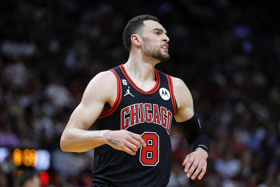 Apr 14, 2023; Miami, Florida, USA; Chicago Bulls guard Zach LaVine (8) reacts during the third quarter against the Miami Heat at Kaseya Center. Mandatory Credit: Sam Navarro-USA TODAY Sports