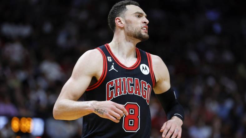 Apr 14, 2023; Miami, Florida, USA; Chicago Bulls guard Zach LaVine (8) reacts during the third quarter against the Miami Heat at Kaseya Center. Mandatory Credit: Sam Navarro-USA TODAY Sports