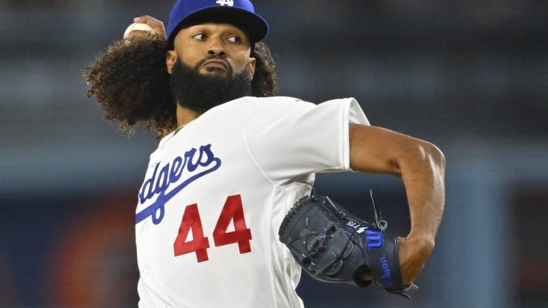 Apr 14, 2023; Los Angeles, California, USA;  Los Angeles Dodgers starting pitcher Andre Jackson (44) throws to the plate in the ninth inning against the Chicago Cubs at Dodger Stadium. Mandatory Credit: Jayne Kamin-Oncea-USA TODAY Sports