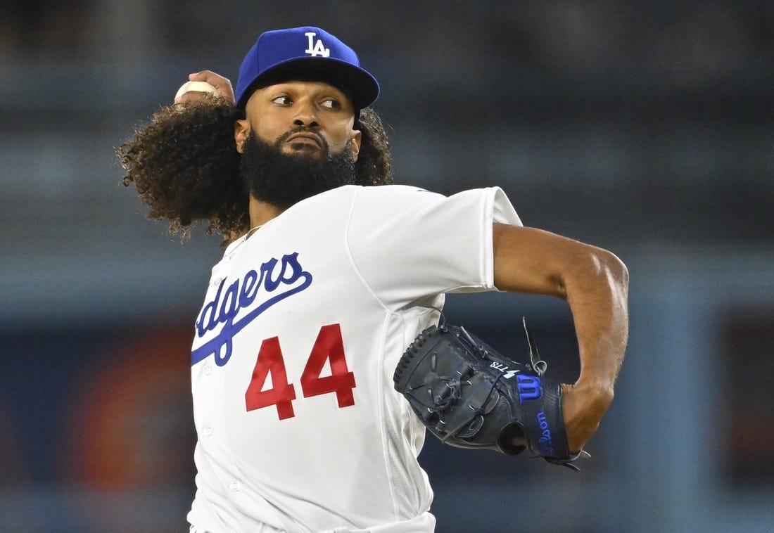 Apr 14, 2023; Los Angeles, California, USA;  Los Angeles Dodgers starting pitcher Andre Jackson (44) throws to the plate in the ninth inning against the Chicago Cubs at Dodger Stadium. Mandatory Credit: Jayne Kamin-Oncea-USA TODAY Sports