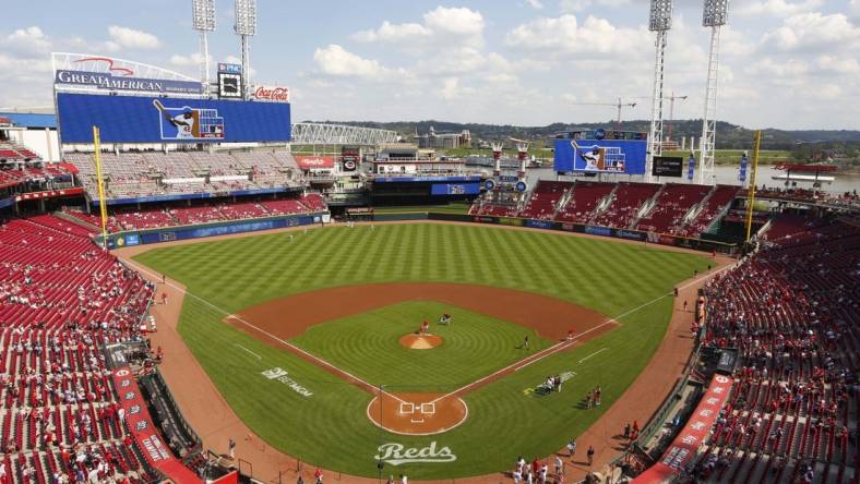 Apr 15, 2023; Cincinnati, Ohio, USA; A general view of Great American Ball Park before a game between the Philadelphia Phillies and the Cincinnati Reds. Mandatory Credit: David Kohl-USA TODAY Sports