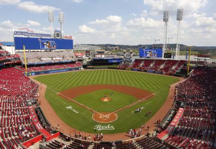 Apr 15, 2023; Cincinnati, Ohio, USA; A general view of Great American Ball Park before a game between the Philadelphia Phillies and the Cincinnati Reds. Mandatory Credit: David Kohl-USA TODAY Sports