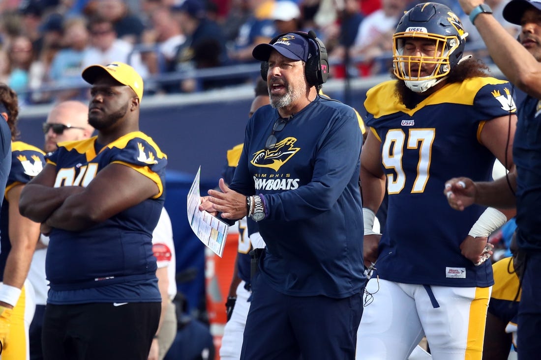 Apr 15, 2023; Memphis, TN, USA; Memphis Showboats head coach Todd Haley (middle) reacts during the second half against the Philadelphia Stars at Simmons Bank Liberty Stadium. Mandatory Credit: Petre Thomas-USA TODAY Sports