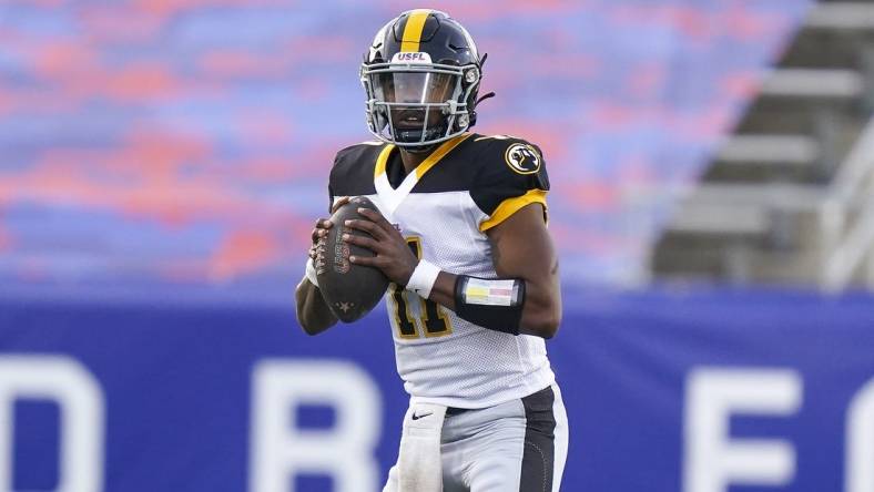 Apr 16, 2023; Birmingham, AL, USA; Pittsburgh Maulers quarterback Troy Williams (11) looks to pass against the Pittsburgh Maulers during the first half at Protective Stadium. Mandatory Credit: Marvin Gentry-USA TODAY Sports