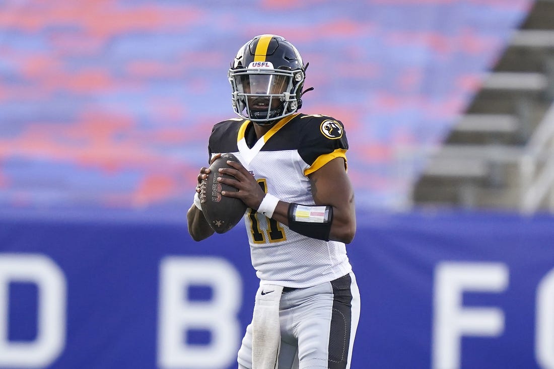 Apr 16, 2023; Birmingham, AL, USA; Pittsburgh Maulers quarterback Troy Williams (11) looks to pass against the Pittsburgh Maulers during the first half at Protective Stadium. Mandatory Credit: Marvin Gentry-USA TODAY Sports