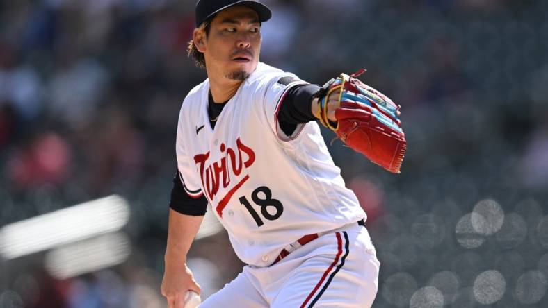 Apr 10, 2023; Minneapolis, Minnesota, USA; Minnesota Twins starting pitcher Kenta Maeda (18) throws a pitch against the Chicago White Sox during the first inning at Target Field. Mandatory Credit: Jeffrey Becker-USA TODAY Sports