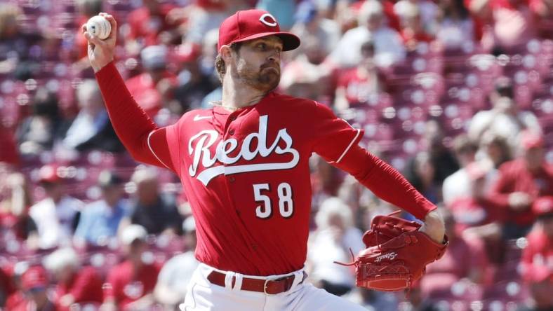 Apr 19, 2023; Cincinnati, Ohio, USA; Cincinnati Reds starting pitcher Levi Stoudt (58) throws against the Tampa Bay Rays during the first inning at Great American Ball Park. Mandatory Credit: David Kohl-USA TODAY Sports