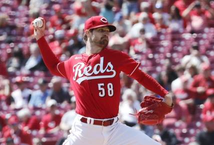 Apr 19, 2023; Cincinnati, Ohio, USA; Cincinnati Reds starting pitcher Levi Stoudt (58) throws against the Tampa Bay Rays during the first inning at Great American Ball Park. Mandatory Credit: David Kohl-USA TODAY Sports