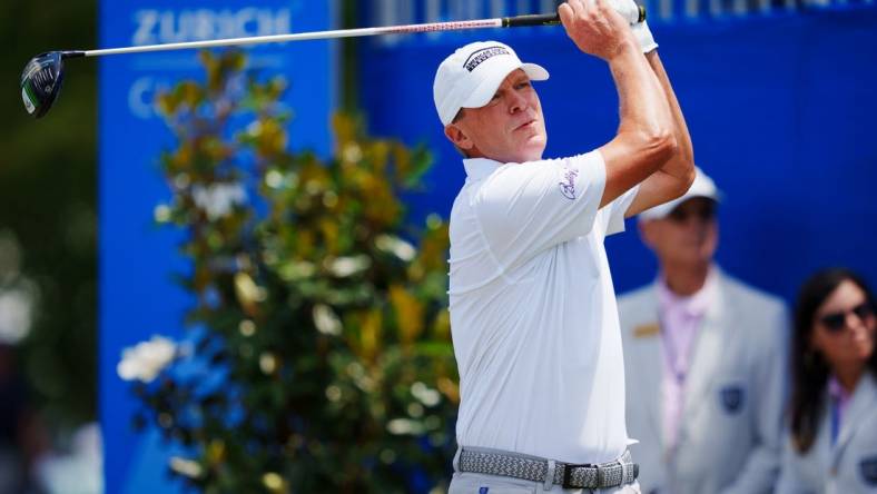 Apr 20, 2023; Avondale, Louisiana, USA; Steve Stricker hits a tee shot on the first hole during the first round of the Zurich Classic of New Orleans golf tournament. Mandatory Credit: Andrew Wevers-USA TODAY Sports