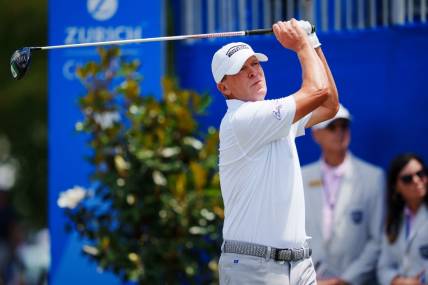 Apr 20, 2023; Avondale, Louisiana, USA; Steve Stricker hits a tee shot on the first hole during the first round of the Zurich Classic of New Orleans golf tournament. Mandatory Credit: Andrew Wevers-USA TODAY Sports