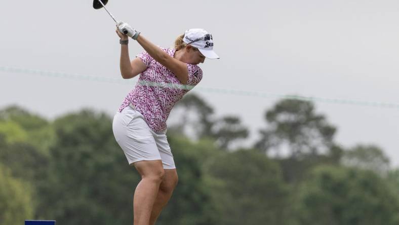 Apr 20, 2023; The Woodlands, Texas, USA; Ashleigh Buhai (ZAF) hits from the sixth tee during the first round of The Chevron Championship golf tournament. Mandatory Credit: Thomas Shea-USA TODAY Sports