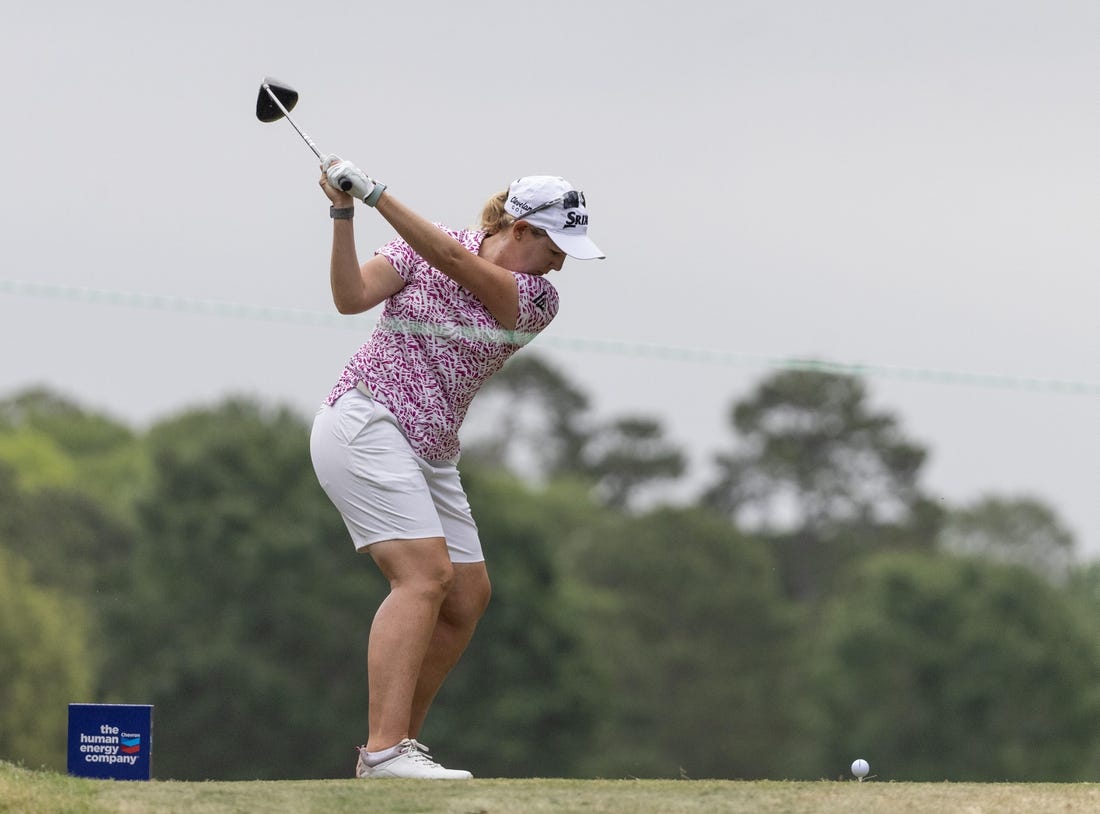 Apr 20, 2023; The Woodlands, Texas, USA; Ashleigh Buhai (ZAF) hits from the sixth tee during the first round of The Chevron Championship golf tournament. Mandatory Credit: Thomas Shea-USA TODAY Sports