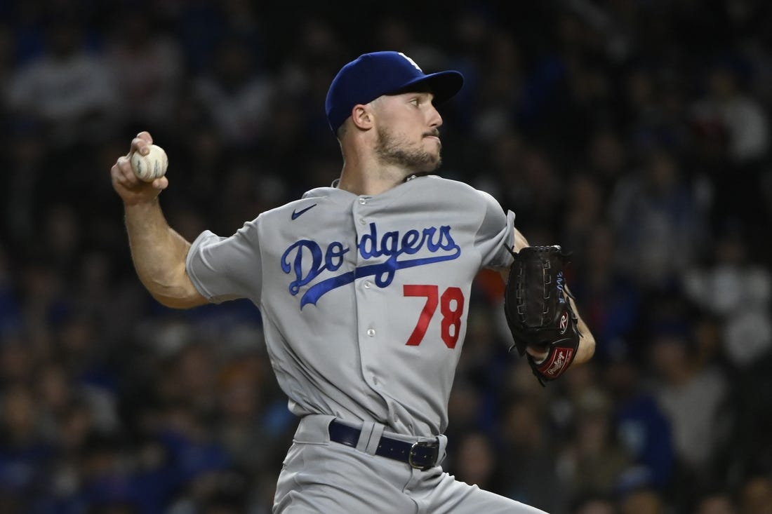 Apr 20, 2023; Chicago, Illinois, USA;   Los Angeles Dodgers starting pitcher Michael Grove (78) delivers against the Chicago Cubs during the first inning at Wrigley Field. Mandatory Credit: Matt Marton-USA TODAY Sports