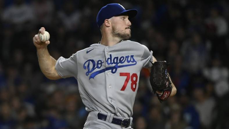 Apr 20, 2023; Chicago, Illinois, USA;   Los Angeles Dodgers starting pitcher Michael Grove (78) delivers against the Chicago Cubs during the first inning at Wrigley Field. Mandatory Credit: Matt Marton-USA TODAY Sports