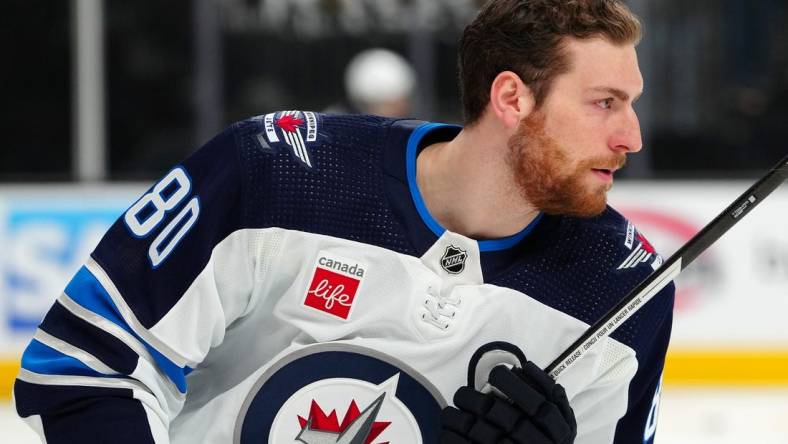 Apr 20, 2023; Las Vegas, Nevada, USA; Winnipeg Jets left wing Pierre-Luc Dubois (80) warms up before the start of game two of the first round of the 2023 Stanley Cup Playoffs against the Vegas Golden Knights at T-Mobile Arena. Mandatory Credit: Stephen R. Sylvanie-USA TODAY Sports