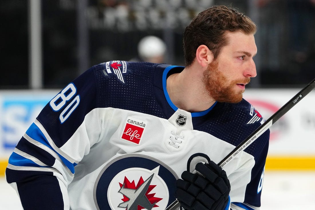Apr 20, 2023; Las Vegas, Nevada, USA; Winnipeg Jets left wing Pierre-Luc Dubois (80) warms up before the start of game two of the first round of the 2023 Stanley Cup Playoffs against the Vegas Golden Knights at T-Mobile Arena. Mandatory Credit: Stephen R. Sylvanie-USA TODAY Sports