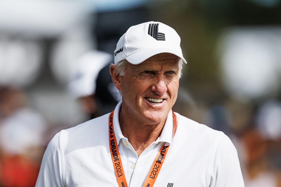 Apr 21, 2023; Adelaide, South Australia AUS; Greg Norman on the practice grounds before the first round of LIV Golf Adelaide golf tournament at Grange Golf Club. Mandatory Credit: Mike Frey-USA TODAY Sports