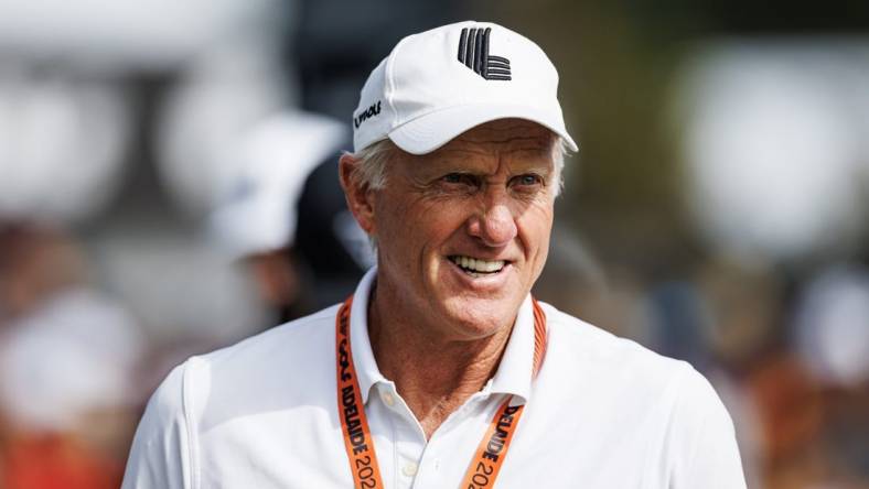 Apr 21, 2023; Adelaide, South Australia AUS; Greg Norman on the practice grounds before the first round of LIV Golf Adelaide golf tournament at Grange Golf Club. Mandatory Credit: Mike Frey-USA TODAY Sports