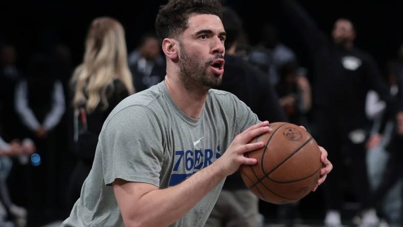 Apr 22, 2023; Brooklyn, New York, USA; Philadelphia 76ers forward Georges Niang (20) warms up before game four of the 2023 NBA playoffs against the Brooklyn Nets at Barclays Center. Mandatory Credit: Vincent Carchietta-USA TODAY Sports