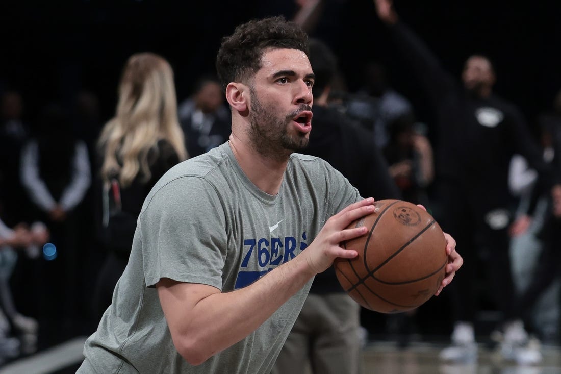 Apr 22, 2023; Brooklyn, New York, USA; Philadelphia 76ers forward Georges Niang (20) warms up before game four of the 2023 NBA playoffs against the Brooklyn Nets at Barclays Center. Mandatory Credit: Vincent Carchietta-USA TODAY Sports