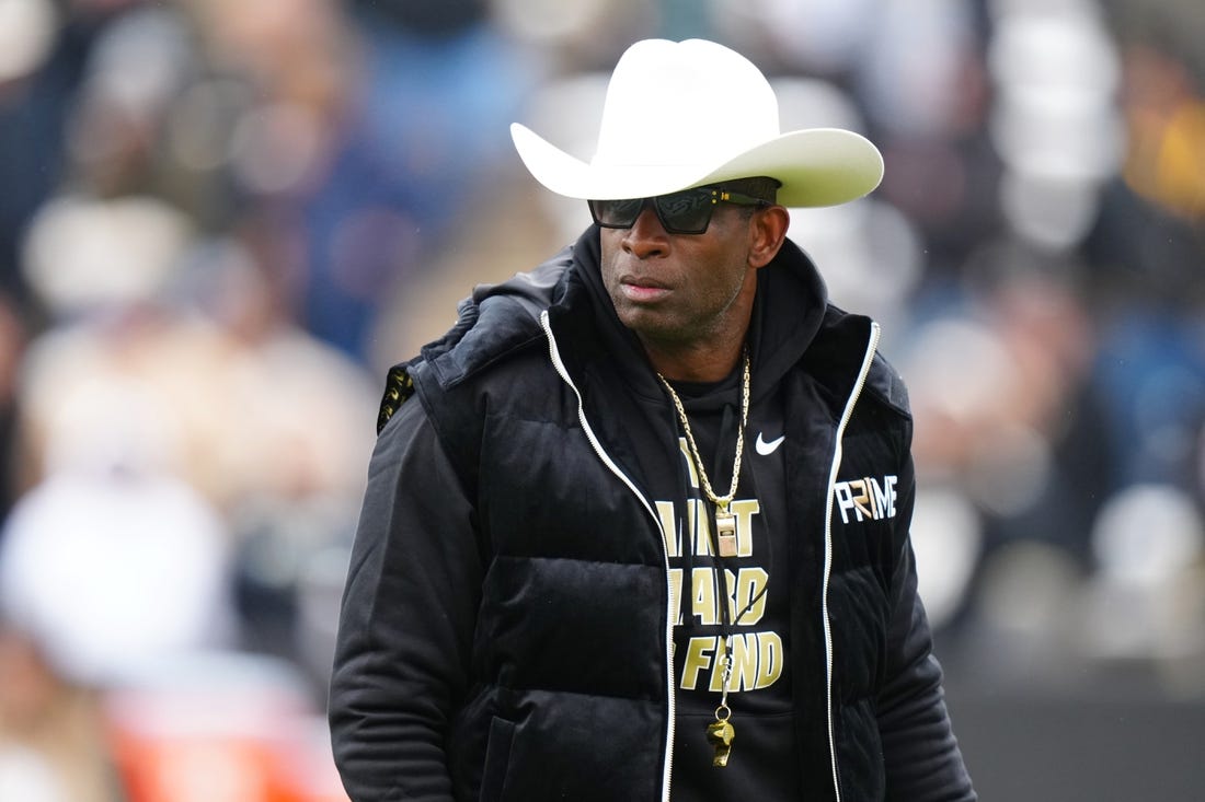 Apr 22, 2023; Boulder, CO, USA; Colorado Buffaloes head coach Deion Sanders during the first half of the spring game at Folsom Filed. Mandatory Credit: Ron Chenoy-USA TODAY Sports