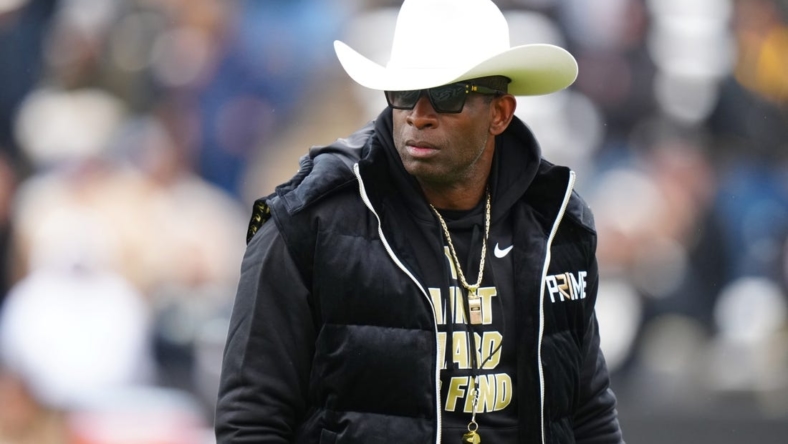 Apr 22, 2023; Boulder, CO, USA; Colorado Buffaloes head coach Deion Sanders during the first half of the spring game at Folsom Filed. Mandatory Credit: Ron Chenoy-USA TODAY Sports