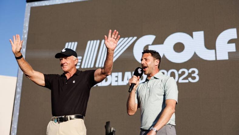 Apr 23, 2023; Adelaide, South Australia, AUS; Greg Norman addresses the crowd before the trophy presentation following the final round of LIV Golf Adelaide golf tournament at Grange Golf Club. Mandatory Credit: Mike Frey-USA TODAY Sports