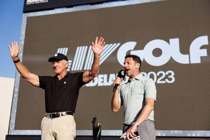 Apr 23, 2023; Adelaide, South Australia, AUS; Greg Norman addresses the crowd before the trophy presentation following the final round of LIV Golf Adelaide golf tournament at Grange Golf Club. Mandatory Credit: Mike Frey-USA TODAY Sports