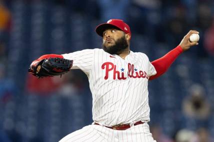 Apr 26, 2023; Philadelphia, Pennsylvania, USA; Philadelphia Phillies relief pitcher Jose Alvarado (46) throws a pitch during the ninth inning against the Seattle Mariners at Citizens Bank Park. Mandatory Credit: Bill Streicher-USA TODAY Sports