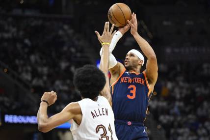 Apr 26, 2023; Cleveland, Ohio, USA; New York Knicks guard Josh Hart (3) shoots beside Cleveland Cavaliers center Jarrett Allen (31) in the third quarter during game five of the 2023 NBA playoffs at Rocket Mortgage FieldHouse. Mandatory Credit: David Richard-USA TODAY Sports