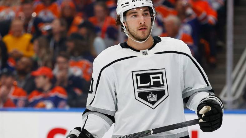 Apr 25, 2023; Edmonton, Alberta, CAN;Los Angeles Kings defensemen Sean Durzi (50) skates against the Edmonton Oilers in game five of the first round of the 2023 Stanley Cup Playoffs at Rogers Place. Mandatory Credit: Perry Nelson-USA TODAY Sports